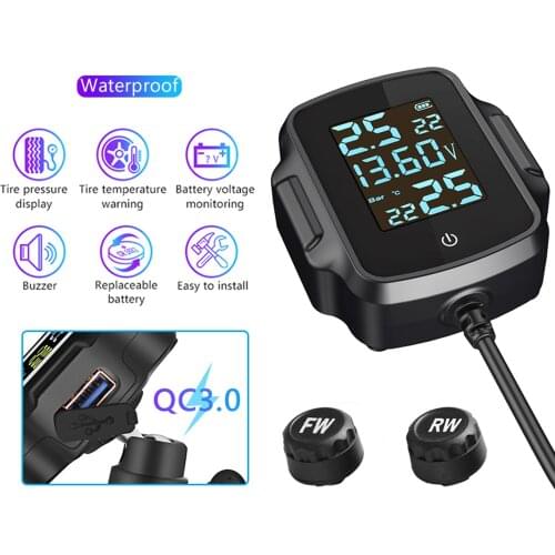 Digital Motorcycle Electronic TPMS Tire Pressure Monitoring System Warning with QC 3.0 USB Charger