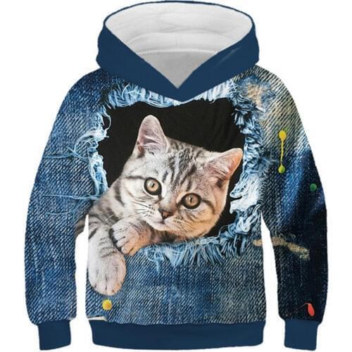 Autumn Children Space Galaxy 3D Hoodies Lovely Naughty Animal Cat Print Boys Girls Hooded Sweatshirts Kids Pullover Clothes