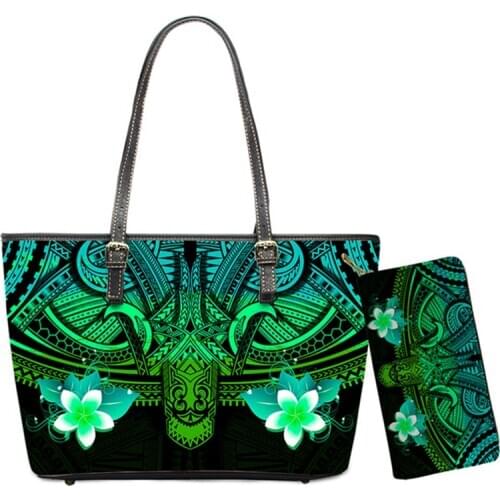 ELVISWORDS 2 Pcs/set Women Handbags Purses Ethnic Polynesian Tribes Printed Lady Leather Large Totes Wallet Fashion Shoulder Bag