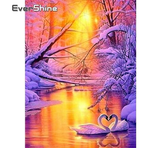 EverShine 5D DIY Diamond Painting Landscape Picture Of Rhinestones Diamond Embroidery Winter Sunset Mosaic Art Swan Home Decor