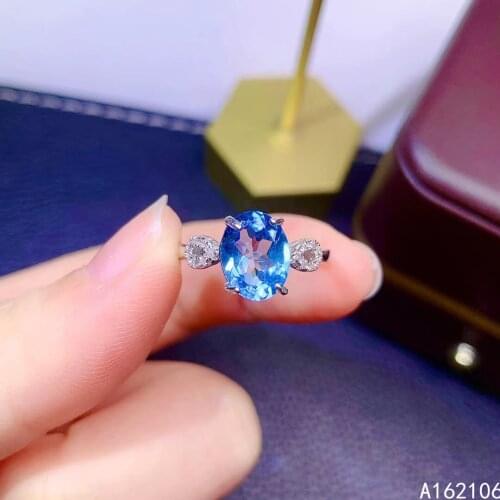 925 Pure Silver Chinese Style Natural Swiss Blue Topaz Womens Popular Fashion Oval Adjustable Gem Ring Fine Jewelry Support Det