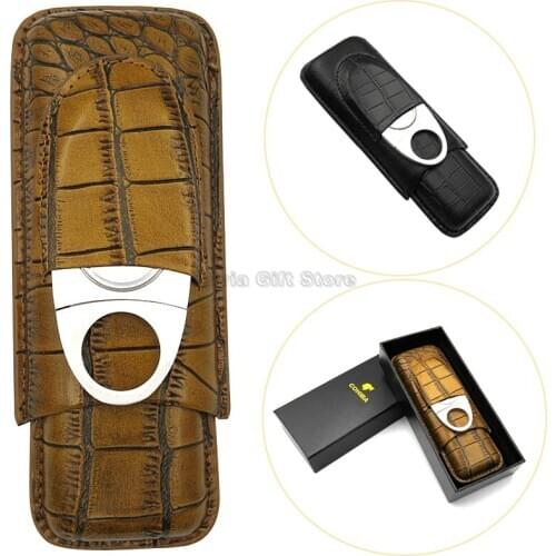 COHIBA Crocodile Pattern Brown Leather Cigar Case Travel Leather Humidor Box W/Stainless Cigar Cutter Fit 2 Cigars Smoking Tool