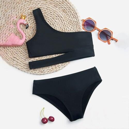 Summer fashion European and American children bikini girls single shoulder solid split Two Pieces set swimsuit bathing suits