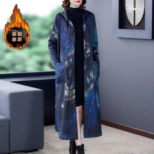 Middle-aged Elderly Women Hooded Windbreake Jacket For Fall/winter 2021 New Wild Wide Large Size Plus Velvet Thick Coat Printing