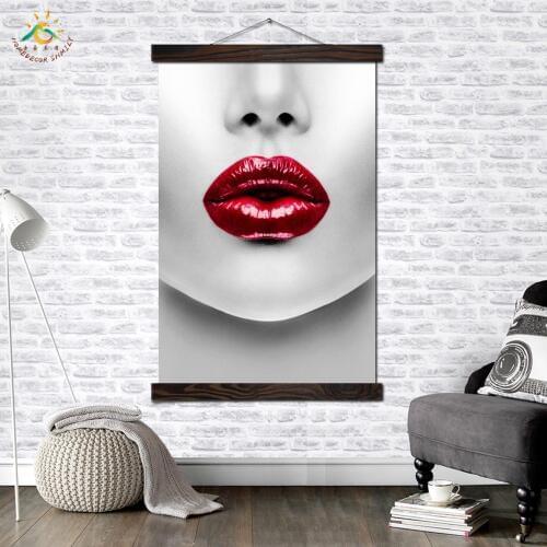 Red Lip Lady Wall Art Single Panel Canvas Prints Painting with Frame Scroll Painting Hanging Poster Decoration for Living Room