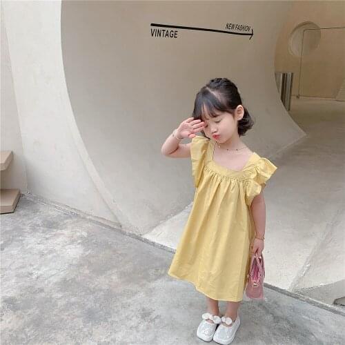 2021 Summer Girl New Dress Sweet Cute Flying Sleeves Solid Color Children Korean Gentlewomanly Princess Skirt