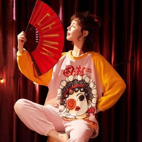 New Cartoon Women Pajamas Set 2PCS Warm Sleepwear Chinese Style Female Spring Long Sleeve Pijamas Suit Print Sleep Homewear