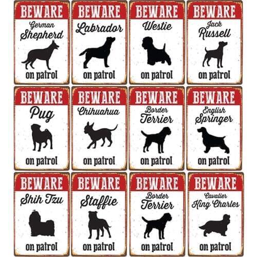 Beware Dog On Patrol Metal Sign Bulldog Tin Poster Vintage Wall Decorative Plate Pub Bar Store Decoration Home Decor 20x30cm