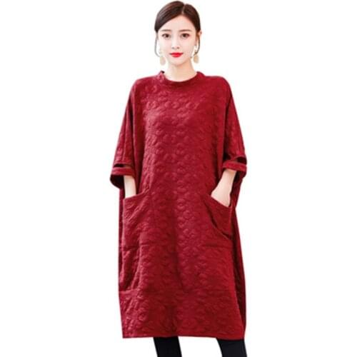 Spring Autumn Dress Women 2020 Fashion Print Bat Sleeve Medium Long Vestidos Temperament Round Neck Big Pocket Dress B305