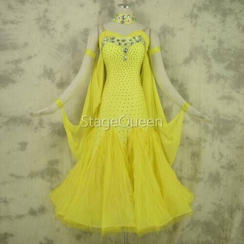 Custom Yellow Rhinestones Women Standard Ballroom Dresses Girls Dancing Costume Adult Waltz Ballroom Competition Dance Dress
