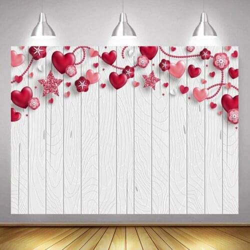 Pink Stars Red Heart Vertical Stripes White Wood Background Valentines Day Party Venue Decorative Photography Studio Backdrop