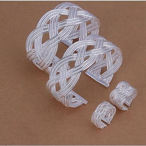 S258 Wholesale, silver color jewelry set, fashion jewelry set Knitted Mesh Ring Bangle Jewelry Setr plated