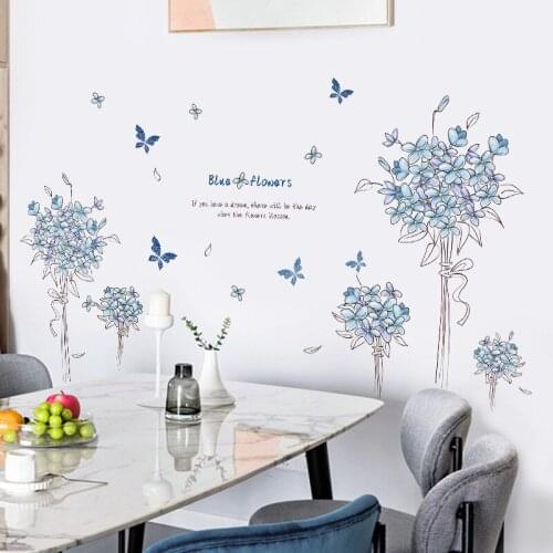 Blue Flowers Wall Stickers Vinyl Mural Art Decals Home Decor Self Adhesive PVC Wallpaper