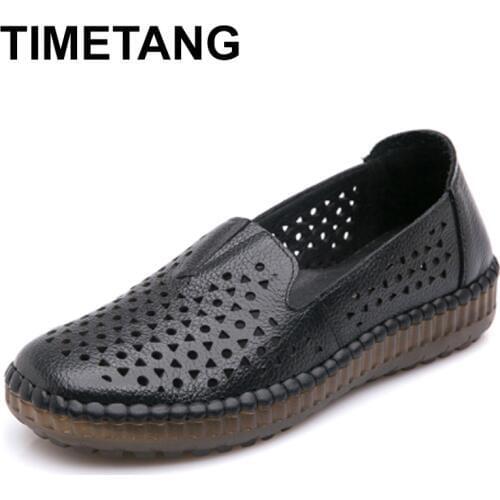 TIMETANG Summer Breathable Genuine Leather Flat Shoes For Women Slip-On Loafers Ladies Round Toe Hollow Summer Flats ShoesE817