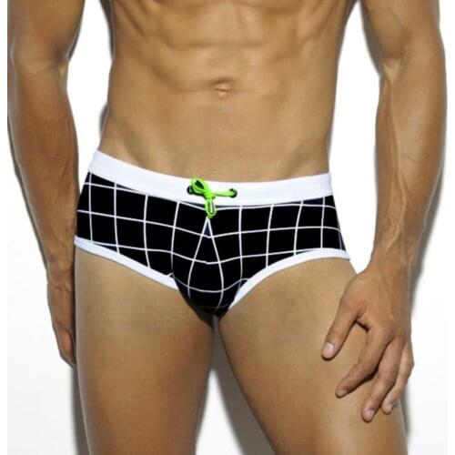 Mens Swim Briefs Low Waist Swimsuit Black Grid Trunk Sport Beach Short Swimwear Sexy Male Surfing Swim Beach Board Shorts