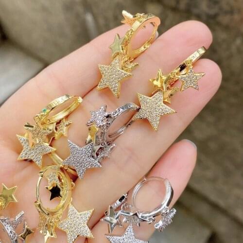 Statement Jewelry Gold silver Color CZ Heart Star Flower Moon Charms Drop Earrings