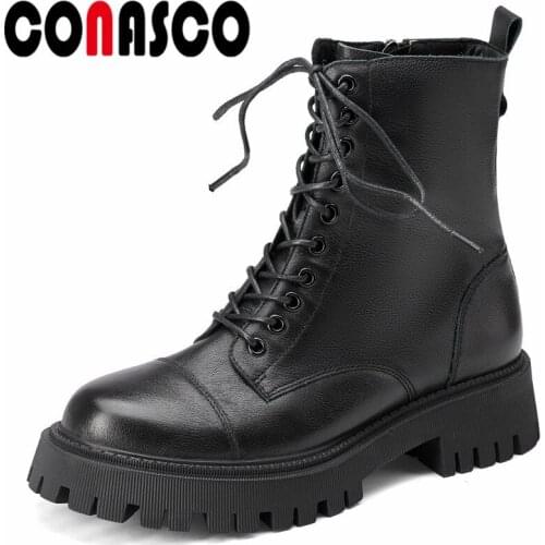CONASCO New Punk Women Ankle Boots Autumn Winter Warm Cow Leather Party Basic Prom Office Brand Classic Motorcycle Shoes Woman