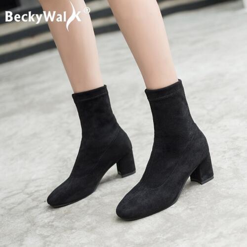 Hot Sale Women Boots Winter Autumn Thick High Heels Fashion Ladies Shoes Stretch Lycra Pointed Ankle Boots Shoes Woman WSH3180