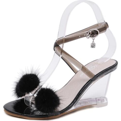 Hair Ball Simple Cross Strap High Heels Wild Open Toe Office Ladies High Heel Pumps Summer Transparent Crystal Wedge Sandals