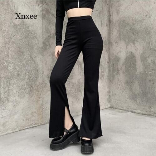 Women Casual Street Stylish Trousers Elastic High Waist Solid Bottoms Female Fashion Ribbed Knitted Split Long Pants Sweatpants
