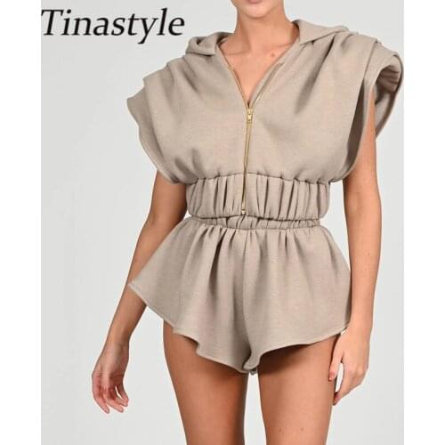 Tinastyle Two Piece Set For Women Solid Zipper Sleeveless Crop Top Shorts Ladies 2021 New Vintage Elegant Sets Fashion Outfits