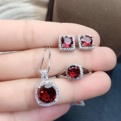 Fine Quality Natural Red Garnet Pendant Necklace Ring Earring set Real 925 Sterling Silver Fashion Jewelry for Women【FS Jewelry