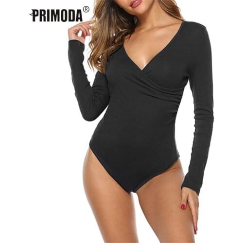 Women Cotton Bodysuit Casual Basic 2020 Autumn New Sexy V-neck Body Suits Bodycon Fitness Jumpsuit Party Rompers Female TS1144