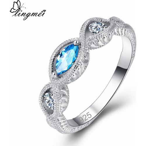 Lingmei Wholesale Engagement Marquise Cut Rainbow & Blue & Red & White Cubic Zircon Silver Color Fashion Ring Size 6-9 Wedding