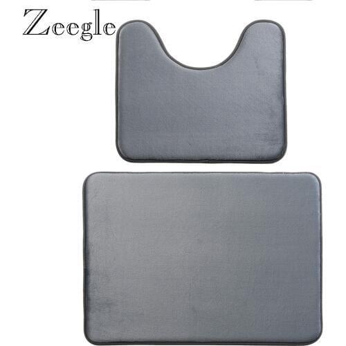 Zeegle 2pcs Bath Mat Set Anti Slip Toilet Pedestal Rug Absorbent Foot Mat Flannel Soft Bathroom Doormat Memory Foam Bath Rug Set
