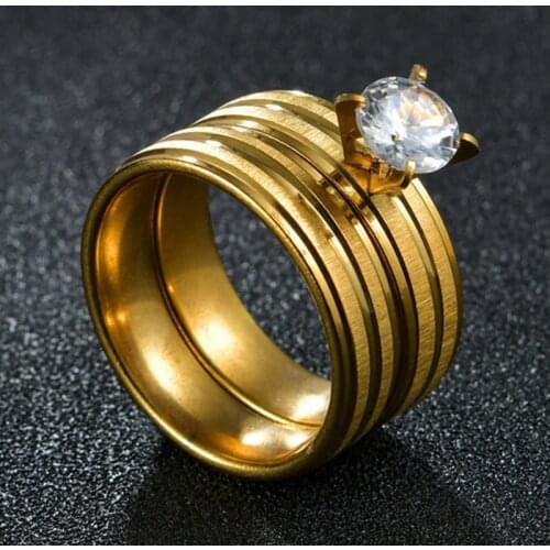 2pcs/Set Gold Color Zircon Stainless Steel CZ Wedding Band Ring Engagement for Women Men Couples Rings Lovers Jewelry