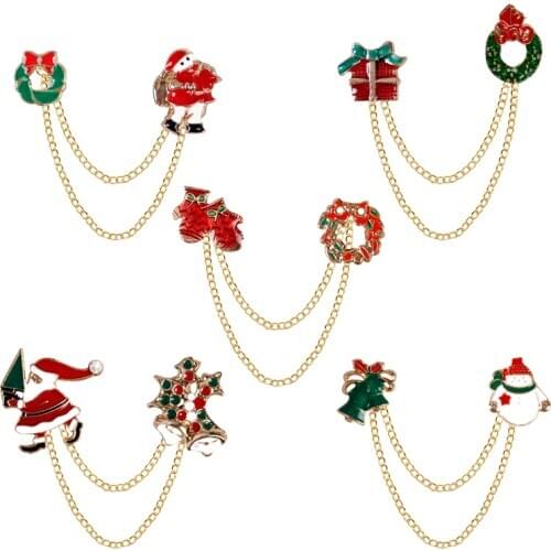 2020 Christmas Collection Brooch Classic Asymmetric Wreath Snowman Santa Claus Metal Chain Pendant Pin Fashion Jewelry Gift