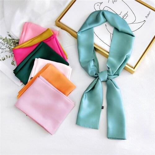 2020 New Fashion Solid Color Kerchief Women Head Scarf for Hair Black Pink Green Red Silk Satin Neck Scarfs Bag Ribbon Bandanas