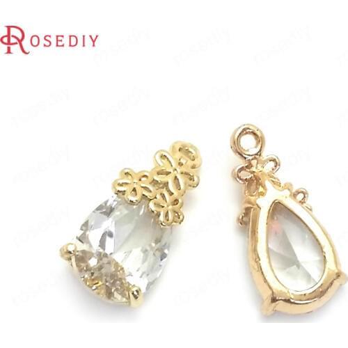 36109)10PCS 8x17MM 24K Champagne Gold Color Brass and Glass with Flower Drop Shape Charms Pendants Jewelry Findings Accessories