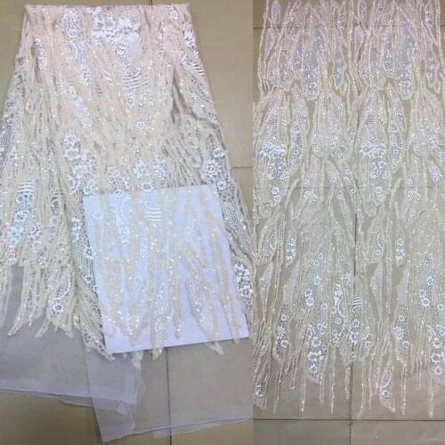 5yards/pc) High quality cream color African party net lace wonderful embroidered sequins tulle lace fabric for dress FSS442