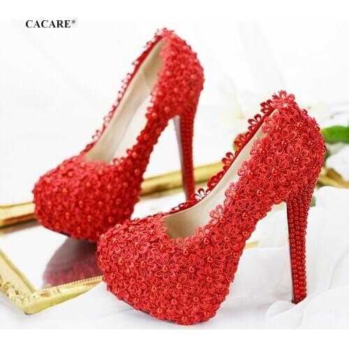CACARE Luxury Wedding Party Shoes Shinny Pearls Platform High Heels Bridal Shoes Cinderella Multi-choice F2952 Red
