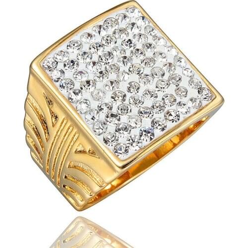 Statement Ring Iced Out Yellow Gold Filled Square Cut Mens Big Ring Micro Paved CZ Crystal Size 9