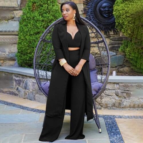 Elegant Three-pieces Women Blazer Suit Casual Streetwear Outfits Female Blazer Set Chic Bra Top+flare Pant+long Blazer Jackets