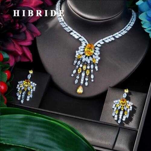 HIBRIDE Luxury Flowers Necklace Earring Set Yellow Cubic Zircon jewelry Set for women Wedding African Bridal Jewelry Sets N-151