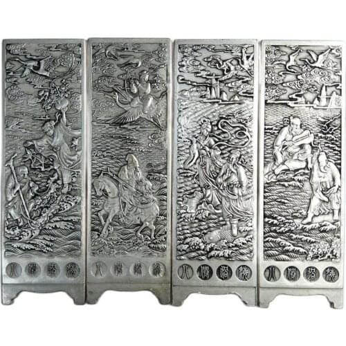 Chinese Old Tibetan Silver Relief Eight Immortals Across The Sea Pattern Screen Feng Shui Decoration