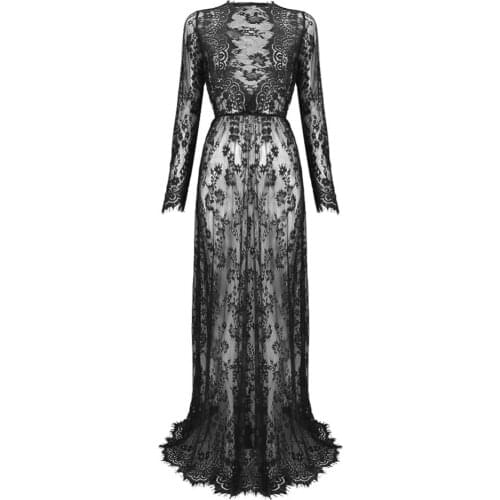 Summer Photography Lace Dress Women Long Maxi Black&White Lace Dress Gown Photography Prop See Through Dress