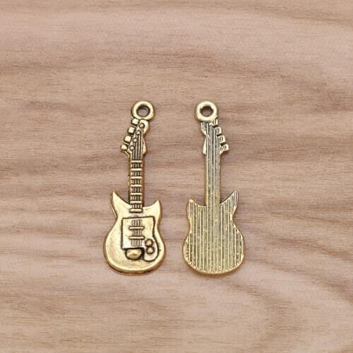 30 Pieces Antique Gold Tone Electric Guitar Musical Instrument Charms Pendants Beads 31x11mm