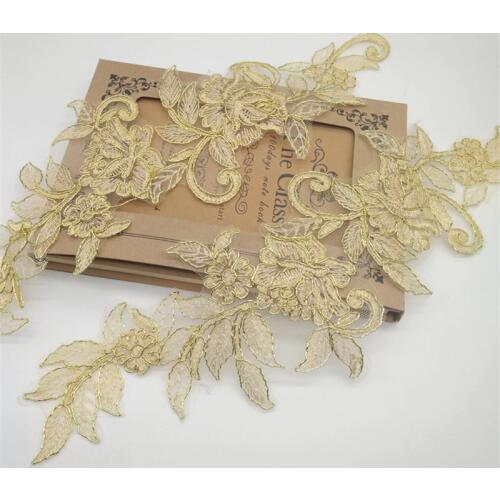 3pairs/ 6pcs Gold Polyester embroidery patch flowers wedding motifs flower lace applique 37.5X11.5cm LA197