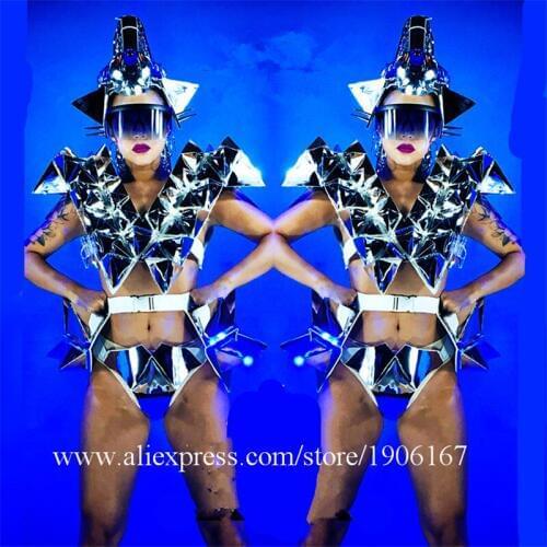 Nightclub Women Mirror Armor Led Luminous Headdress Sexy Lady Mirror Bikini Dance Suit Space Stars Stage Performance Costumes
