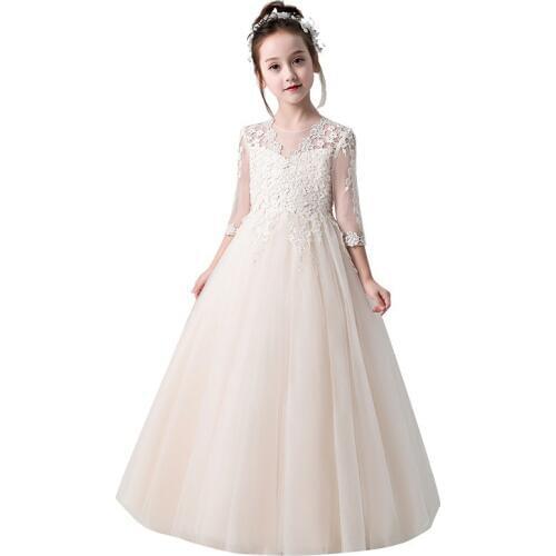 New First Communion Dresses for Girls Champagne O-neck Ball Gown Lace Appliques Flower Girl Dresses for Weddings