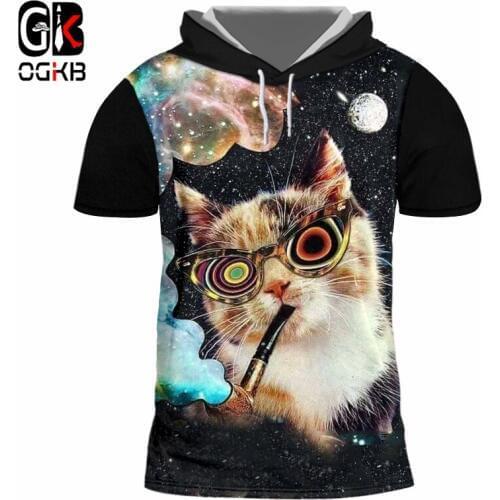 OGKB Casual Hoodies T-shirt Mens Funny Print Animal Cat 3D Hooded T Shirt Galaxy Space Fashion Harajuku Hip Hophop Unisex Top