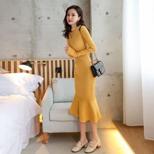 Autumn Winter Mermaid Midi Dress Knitted Sweater Bottom O Neck Lace Korean High Waist Trumpet Slolid Long Sleeve Sexy Slim Women