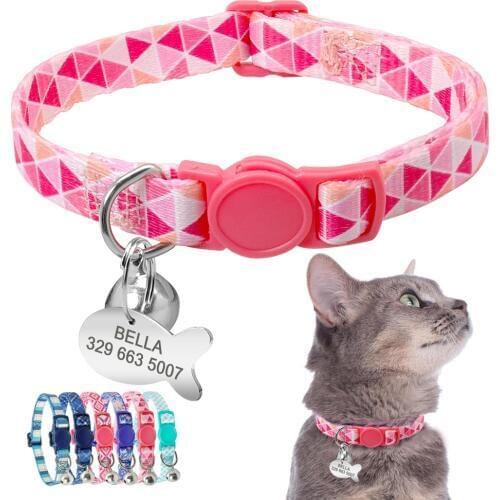 Cat Collar Personalized Quick Release Safety Kitten Collar Breakaway Necklace Customized Fish ID Tag Name With Bell