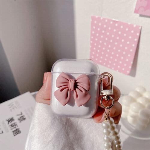 Cute Bow Transparent TPU Case Anti-scratch Protective Cover Pearl Bracelet Protector for Airpods 1 2 3 Earphone Charging Box
