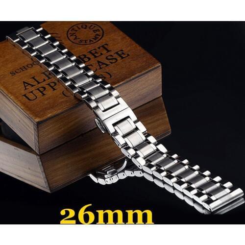 26mm Mens Silver Solid Stainless Steel Wrist Watch Band Strap Watchband Replace Band With 2 Spring Bars For Watches