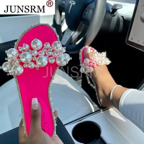2021 Pearl Slippers Women Summer Sandals 2021 Fashion Bling Female Candy Color Beach Diamond Slippers Flat Shoes Outdoor Sandals